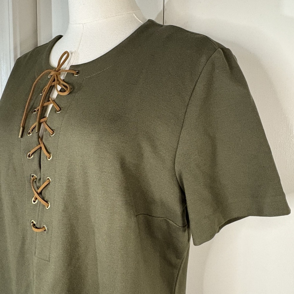 LAUREN RALPH LAUREN WOMENS DRESS SZ LARGE OLIVE SHORT SLEEVE LACE UP ACCENT - Picture 6 of 9